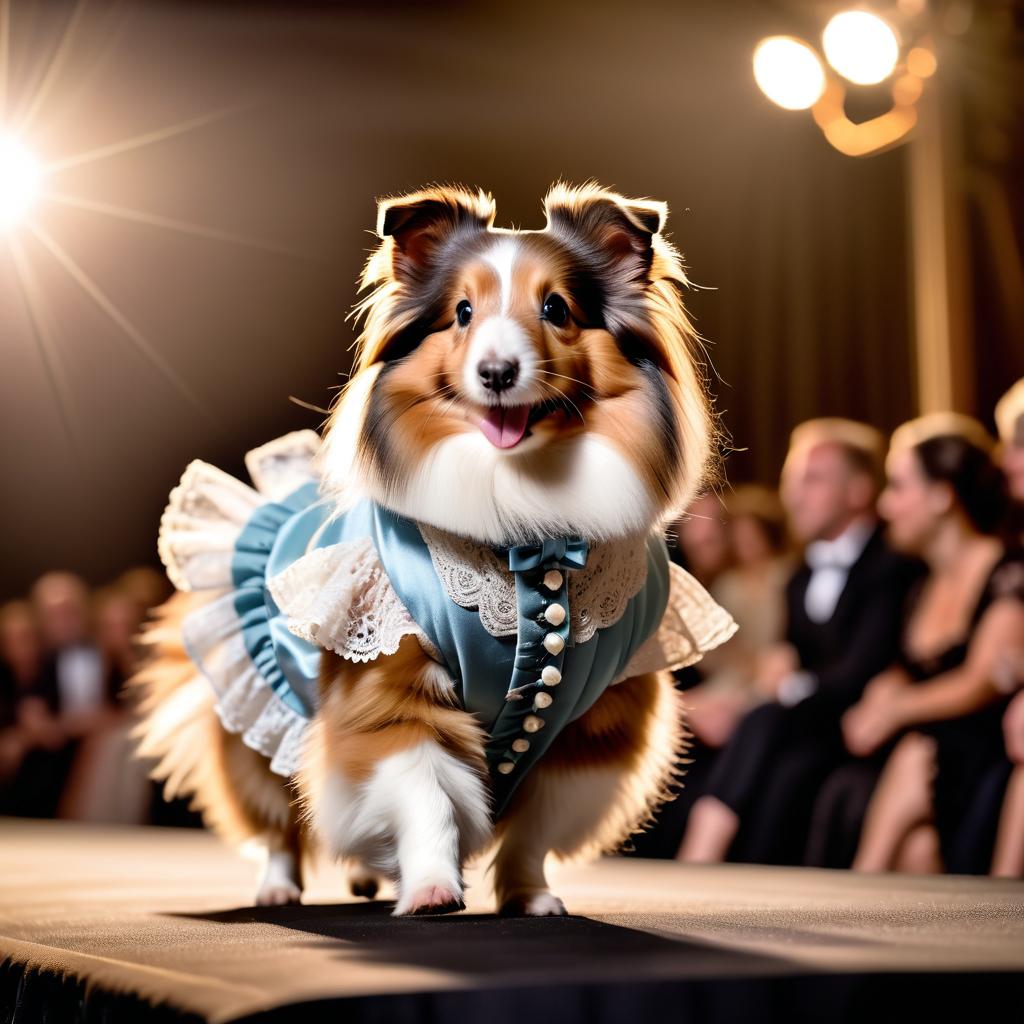 silkie (sheltie) guinea pig strutting down the fashion show catwalk stage in a vintage victorian outfit with lace and ruffles, high energy and majestic.