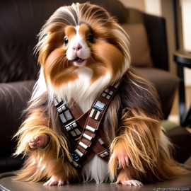 silkie (sheltie) guinea pig as chewbacca from star wars, in a star wars environment, cute and happy.