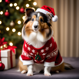 silkie (sheltie) guinea pig in a christmas sweater and santa hat, festive and detailed.