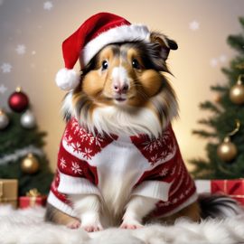 silkie (sheltie) guinea pig in a christmas sweater and santa hat, lifelike and festive.