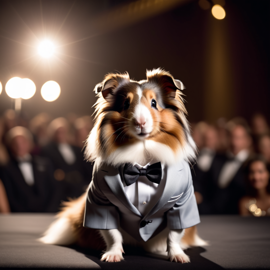 silkie (sheltie) guinea pig in a classy suit on a fashion stage, showcasing elegance and charm in a highly detailed, epic scene.