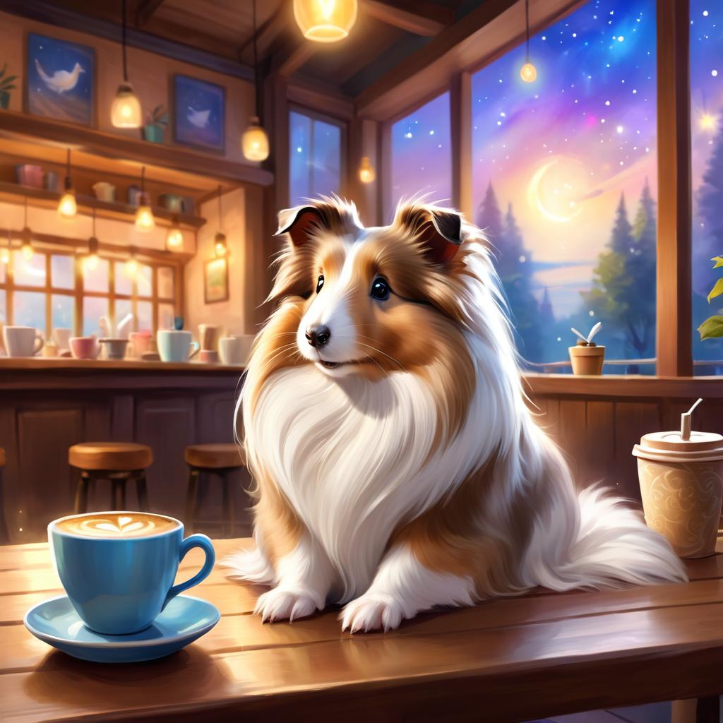 silkie (sheltie) guinea pig sitting in a cozy coffee shop, ethereal and magical.