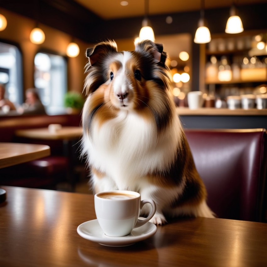 silkie (sheltie) guinea pig sitting in a cozy coffee shop with a cup of coffee, detailed and vibrant.