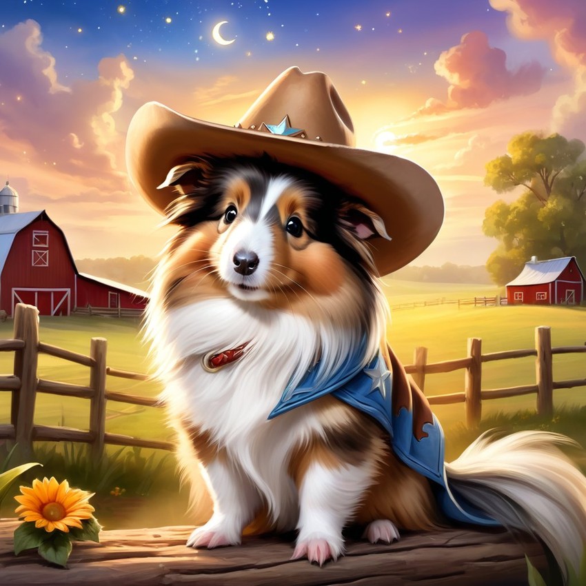 silkie (sheltie) guinea pig as a cowboy wearing a hat, in the midwest countryside, on a farm.