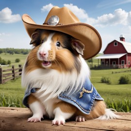 silkie (sheltie) guinea pig as a cowboy wearing a hat, in the midwest countryside, on a farm.