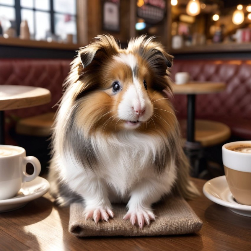 silkie (sheltie) guinea pig sitting in a cozy coffee shop, lifelike and detailed.