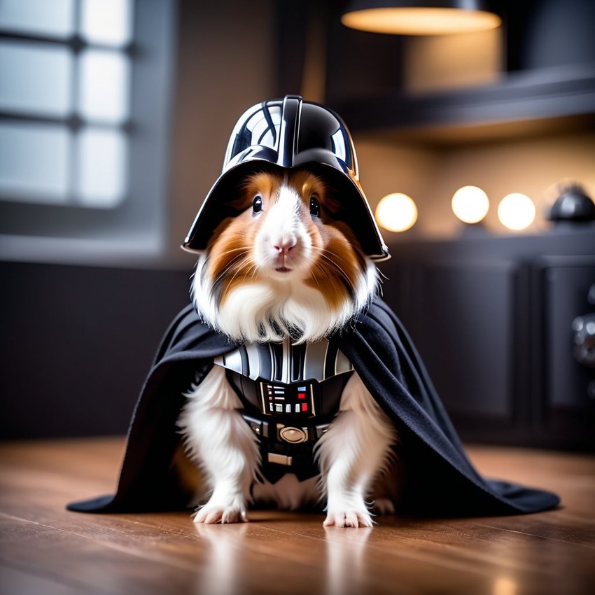 silkie (sheltie) guinea pig as darth vader from star wars, dressed as darth vader in a detailed star wars scene.