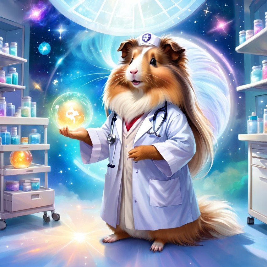 silkie (sheltie) guinea pig as a doctor in a magical hospital setting, ethereal and dreamy with celestial details.