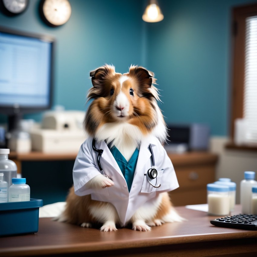 silkie (sheltie) guinea pig as a doctor in an office, detailed and charming, with high budget, bokeh, and a moody atmosphere.