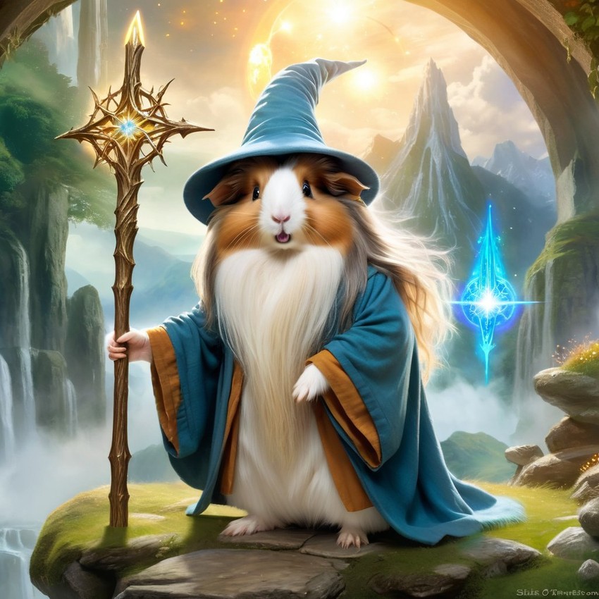 silkie (sheltie) guinea pig as gandalf, with a white beard and magical surroundings, ethereal and majestic.