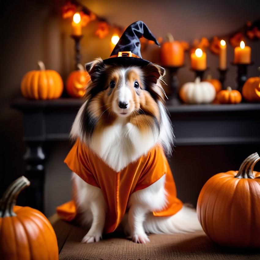 silkie (sheltie) guinea pig in a halloween costume with pumpkins and eerie decorations, highlighting their festive spirit.