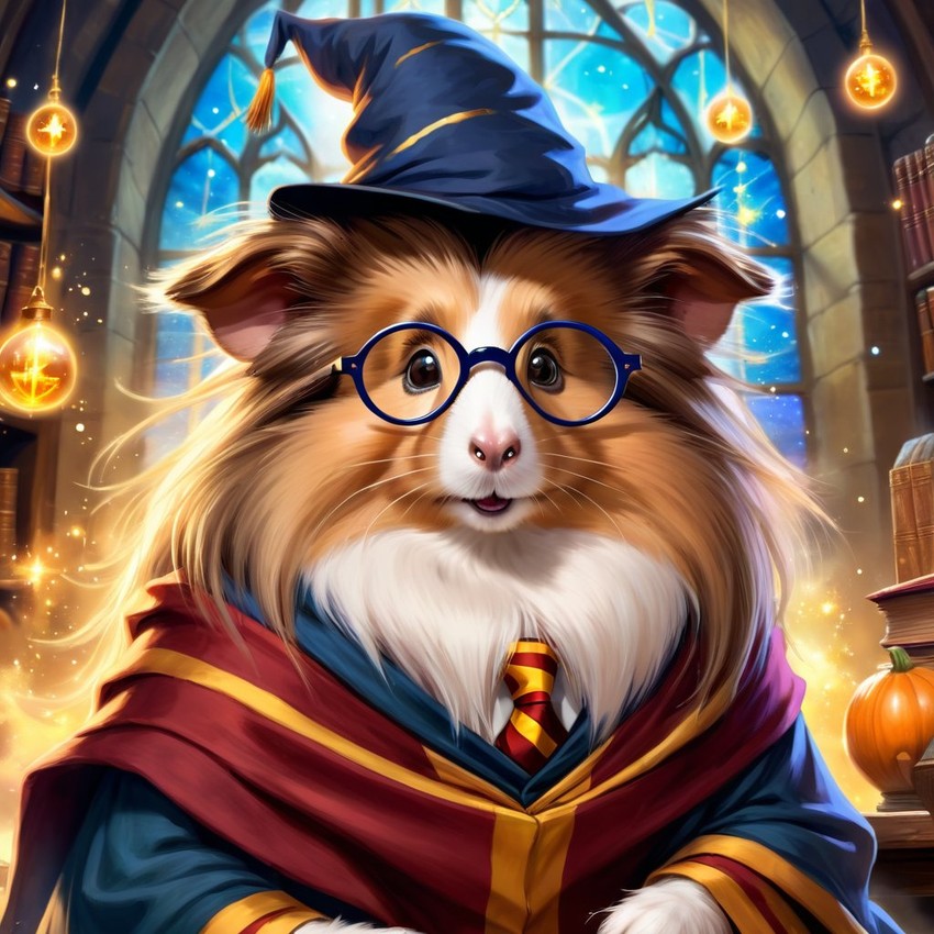 silkie (sheltie) guinea pig as harry potter, with glasses and a magical hogwarts setting, evoking a celestial and epic feel.