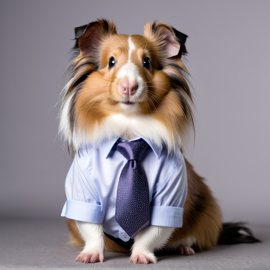 professional headshot of silkie (sheltie) guinea pig wearing a shirt and tie for a cv or linkedin, studio photo.