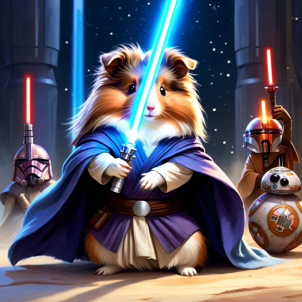 silkie (sheltie) guinea pig as a jedi knight, with a lightsaber and star wars backdrop in a celestial, painterly style.