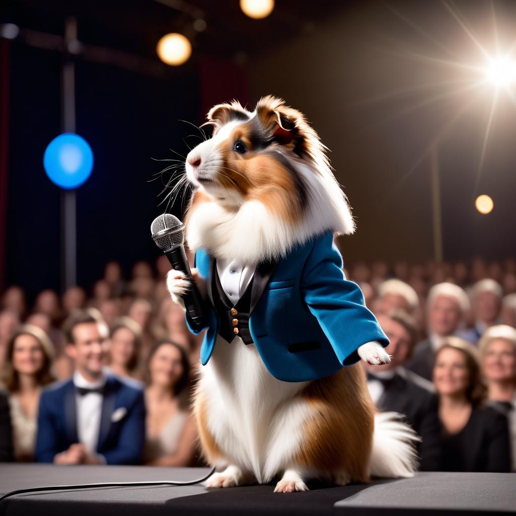 silkie (sheltie) guinea pig as a keynote speaker on stage, dressed elegantly, holding a microphone, exuding charisma and confidence.