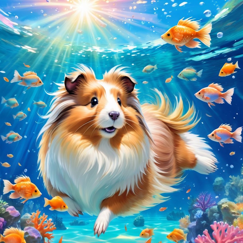 silkie (sheltie) guinea pig swimming in a magical blue ocean with colorful fish and coral reef, capturing a dreamy and adventurous underwater scene.