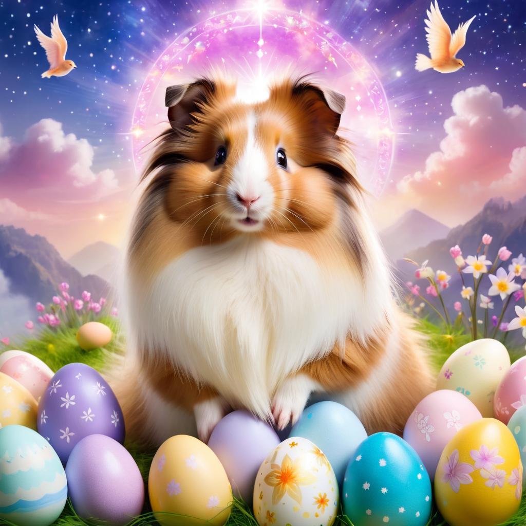 silkie (sheltie) guinea pig in a magical easter setting with colorful eggs, ethereal and dreamy details.