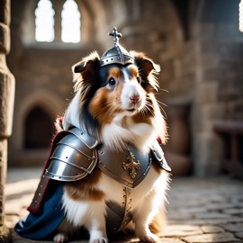 silkie (sheltie) guinea pig as a medieval knight in a cinematic film still, detailed armor, set in a grand medieval castle.