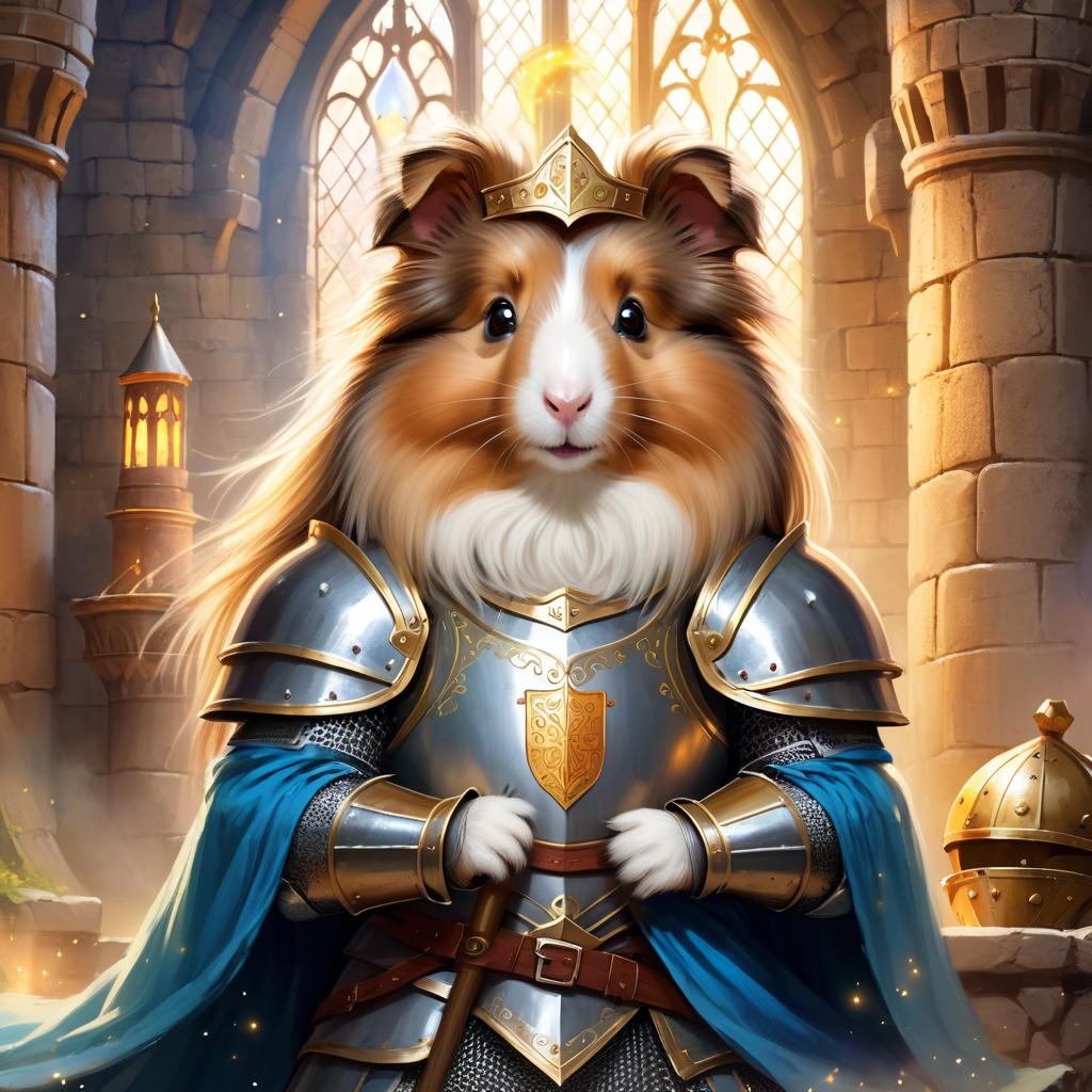 silkie (sheltie) guinea pig as a medieval knight in a majestic castle, ethereal and painterly style.