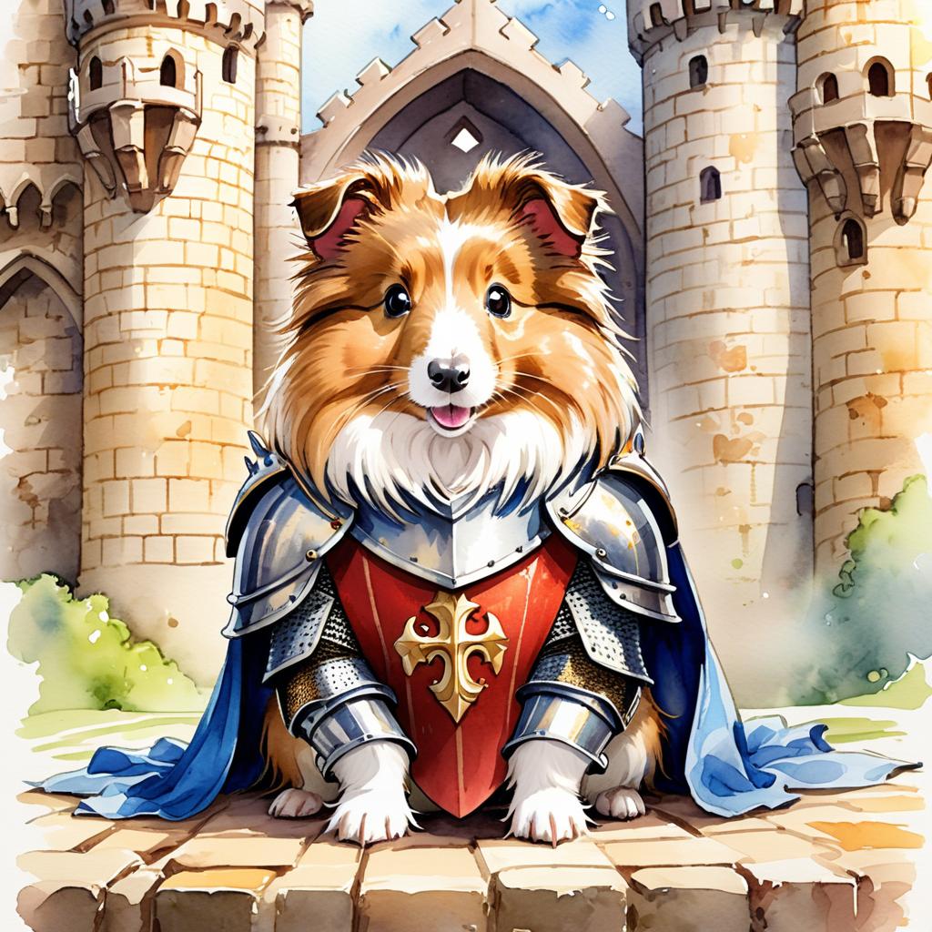 watercolor painting of silkie (sheltie) guinea pig as a medieval knight in a vibrant, detailed castle scene.