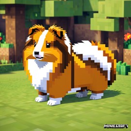 silkie (sheltie) guinea pig as a minecraft character in pixel graphics, capturing the charm of the blocky minecraft universe.