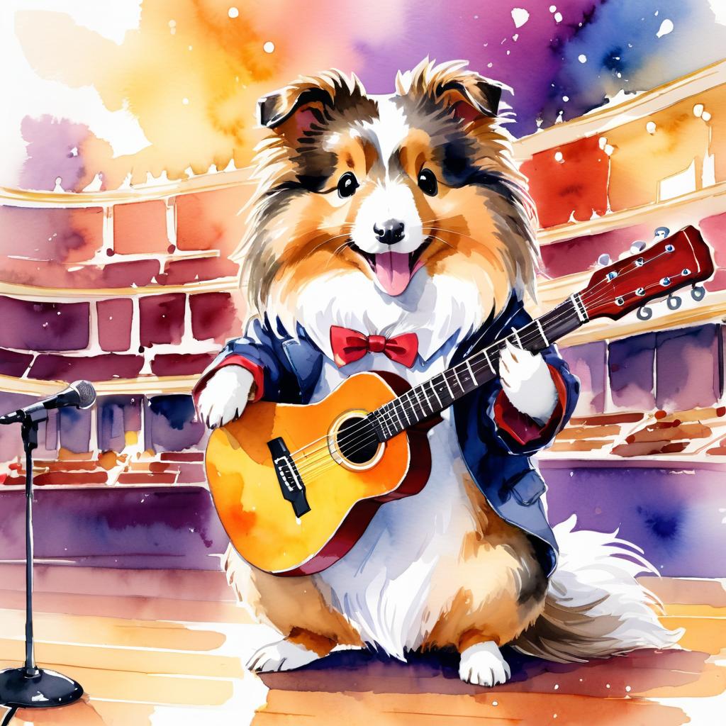 silkie (sheltie) guinea pig as a musician in a watercolor painting, playing guitar in a vibrant and detailed concert hall scene.