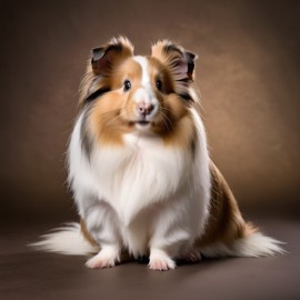 silkie (sheltie) guinea pig with a diffused background, capturing their natural beauty in a cute and elegant pose.