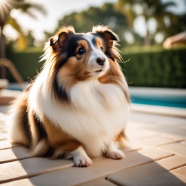 silkie (sheltie) guinea pig suntanning next to a luxurious villa pool, capturing a posh and happy moment.