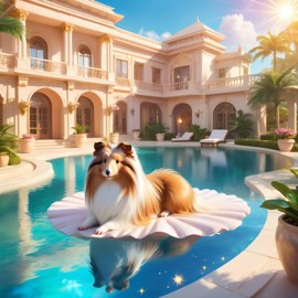 silkie (sheltie) guinea pig suntanning next to a luxurious villa pool, capturing a posh and magical moment.