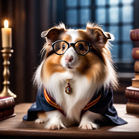 silkie (sheltie) guinea pig as harry potter, with glasses and hogwarts setting, capturing the magical and epic essence.