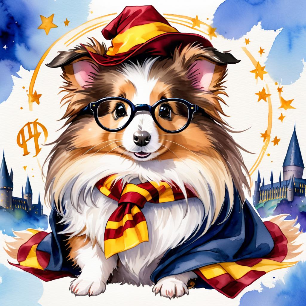 watercolor painting of silkie (sheltie) guinea pig as harry potter, complete with glasses and hogwarts backdrop, highlighting a vibrant and magical scene.