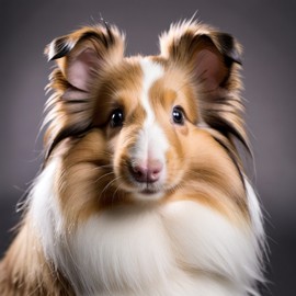 professional headshot of silkie (sheltie) guinea pig for a cv or linkedin, studio photo with diffused background.