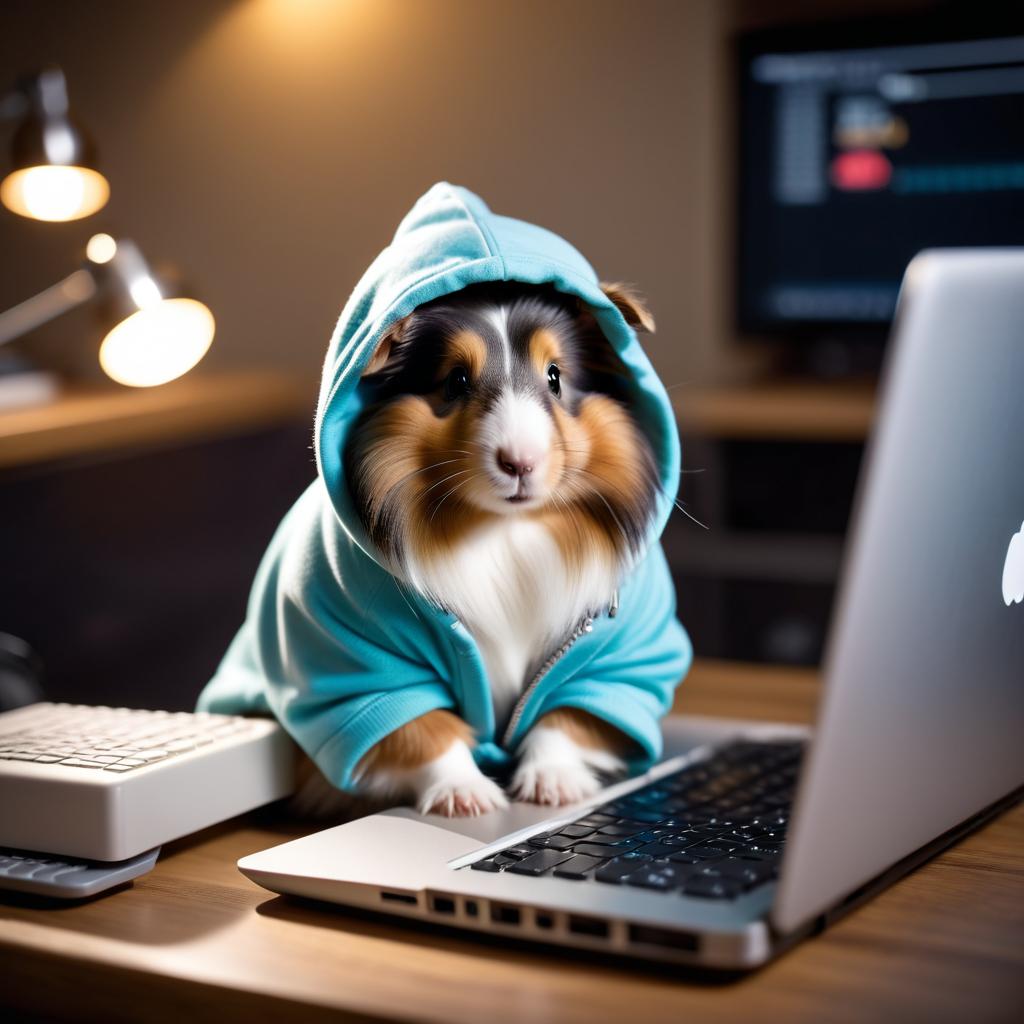 silkie (sheltie) guinea pig as a programmer, working on a laptop in a hoodie, capturing a cute and happy moment.