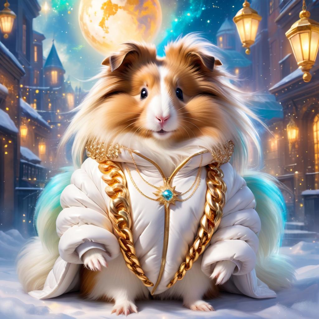 silkie (sheltie) guinea pig in a white puffer coat with golden hip hop chains, in a posh urban environment, looking cute and happy.