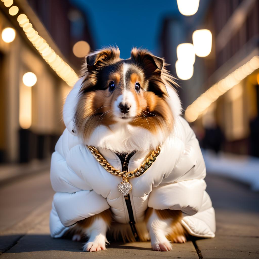 silkie (sheltie) guinea pig in a large white puffer coat with golden hip hop chains, set in a posh urban environment.