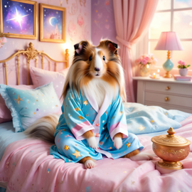 silkie (sheltie) guinea pig in cute pyjamas, relaxing in a posh bedroom, capturing an ethereal and happy moment.