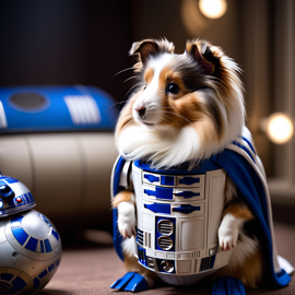 silkie (sheltie) guinea pig as r2d2 from star wars, dressed as r2d2 in a detailed star wars scene.