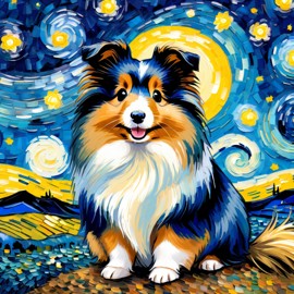 silkie (sheltie) guinea pig by van gogh, featuring starry night brush strokes, capturing a cute and happy expression.