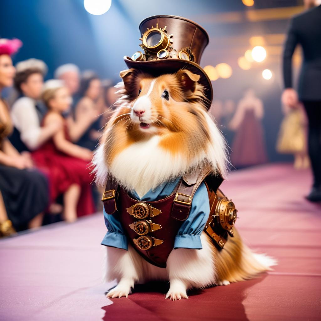 silkie (sheltie) guinea pig strutting down the fashion show catwalk stage in an elaborate steampunk outfit featuring leather harnesses, brass gears, and a top hat, high energy and dramatic.