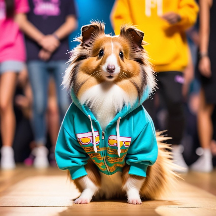 silkie (sheltie) guinea pig strutting down the fashion show catwalk stage in trendy streetwear including a cool hoodie and sneakers, high energy and trendy.