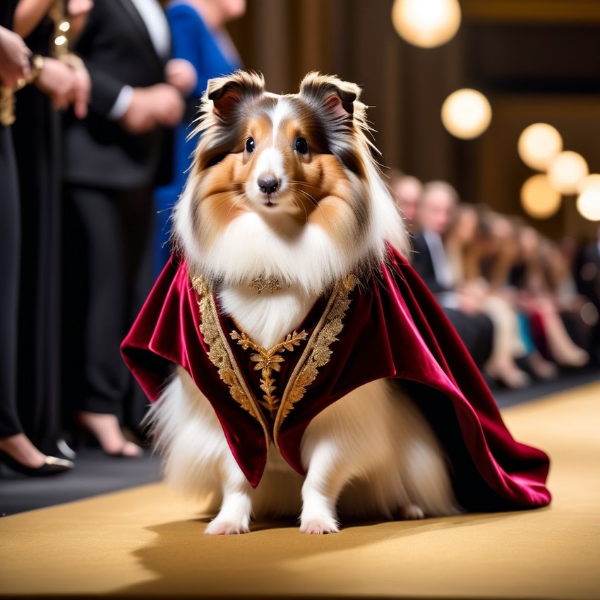 silkie (sheltie) guinea pig strutting down the fashion show catwalk stage in a luxurious velvet cape with gold embroidery, high energy and majestic.