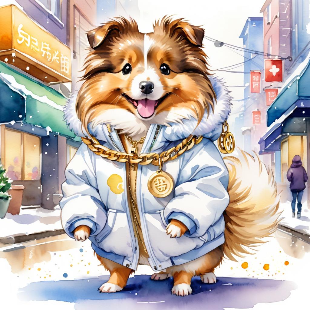 watercolor painting of silkie (sheltie) guinea pig in a white puffer coat with golden hip hop chains, set in a posh urban environment.