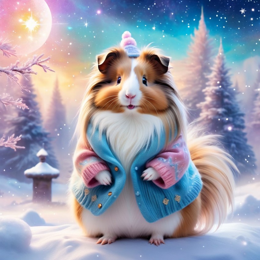 silkie (sheltie) guinea pig in a winter scene, wearing stylish winter clothing, looking cute and happy.