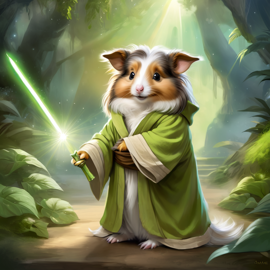 silkie (sheltie) guinea pig as yoda from star wars, holding a green lightsaber in a cinematic star wars scene.