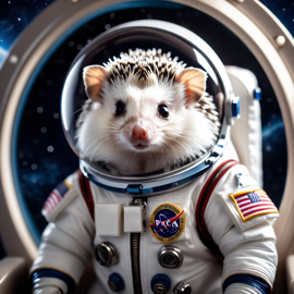 african pygmy hedgehog as astronaut in space, wearing spacesuit, with spacestation background.