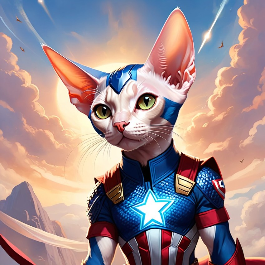 sphynx cat as captain america from avengers, ethereal and magical.