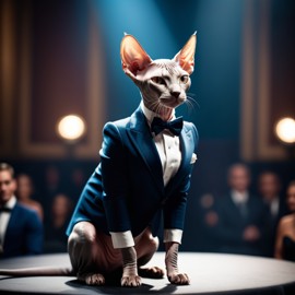 sphynx cat in a classy suit on a fashion stage, showcasing elegance and charm in a highly detailed, epic scene.