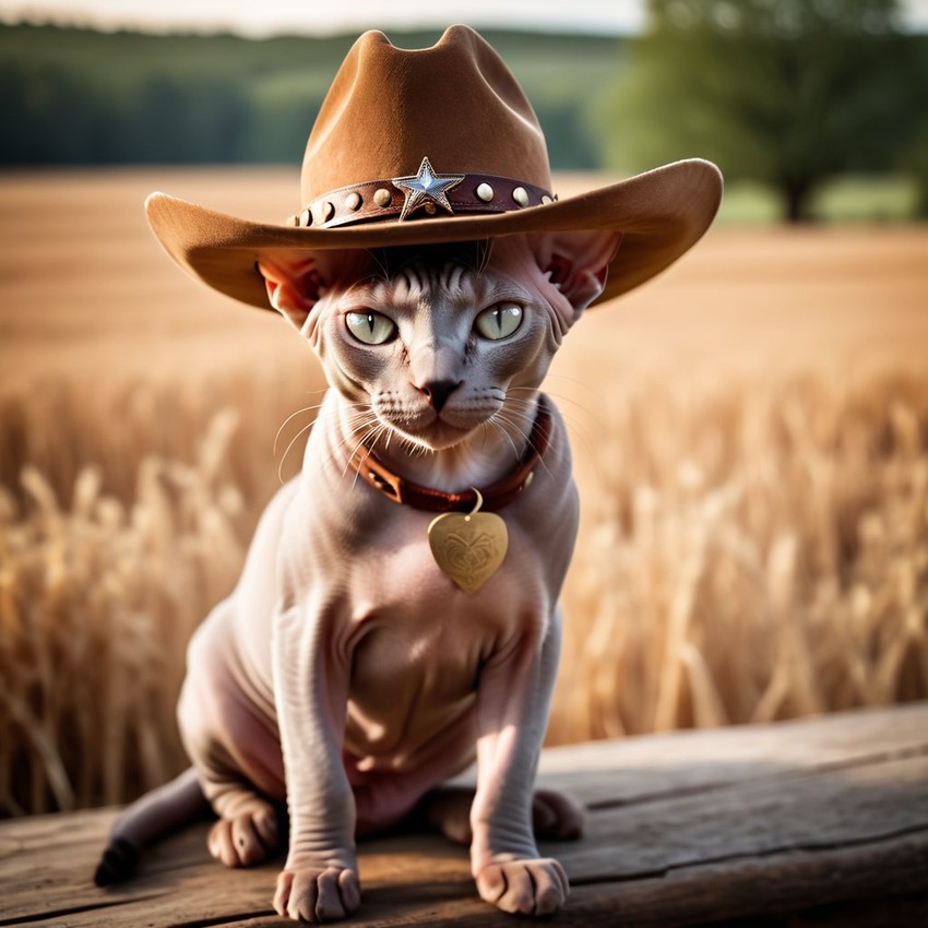 sphynx cat as a cowboy wearing a hat, in the midwest countryside, on a farm.