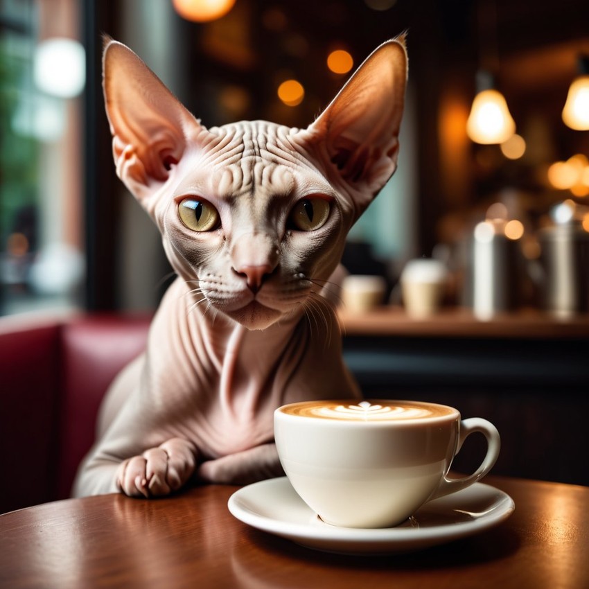 sphynx cat sitting in a cozy coffee shop with a cup of coffee, detailed and vibrant.