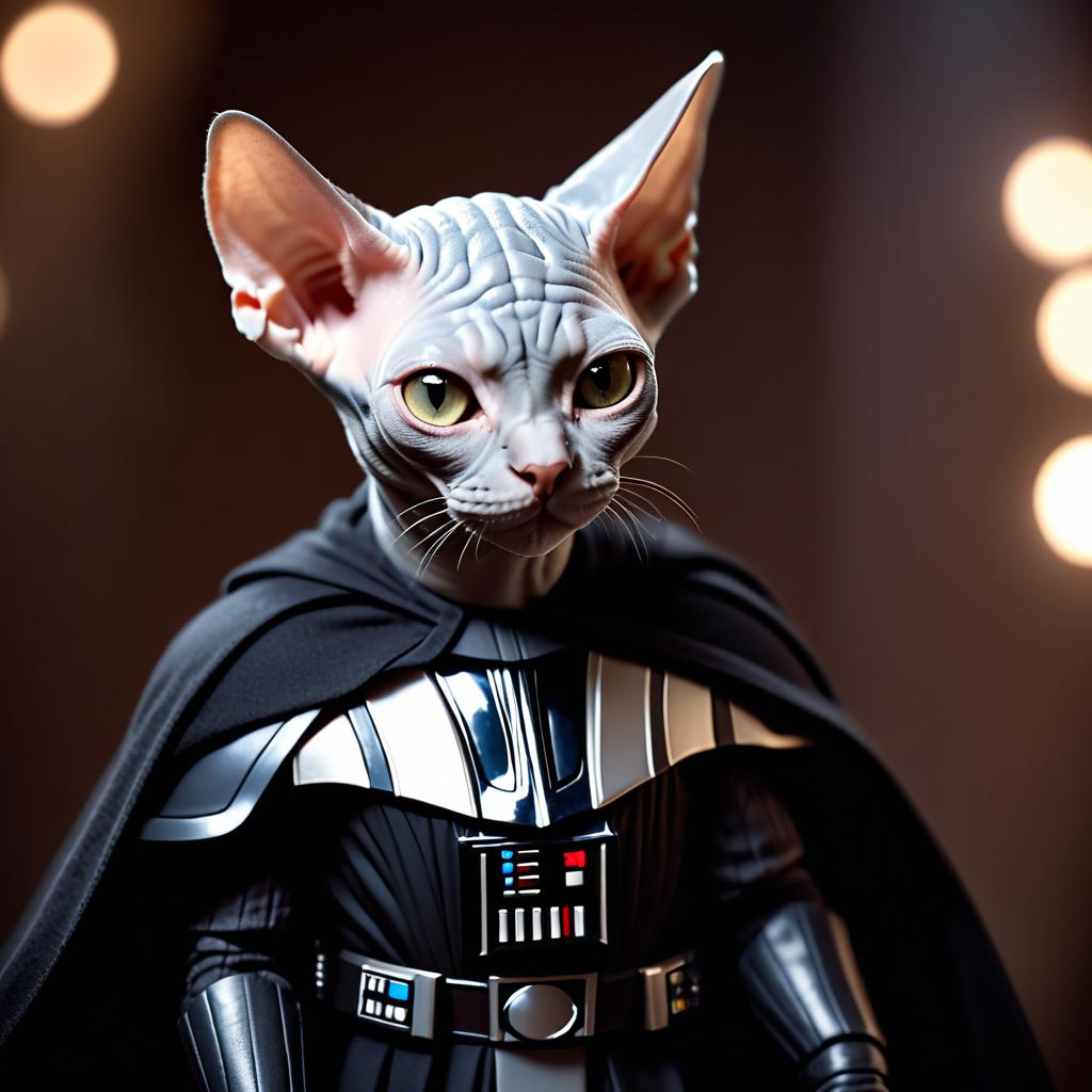 sphynx cat as darth vader from star wars, dressed as darth vader in a detailed star wars scene.